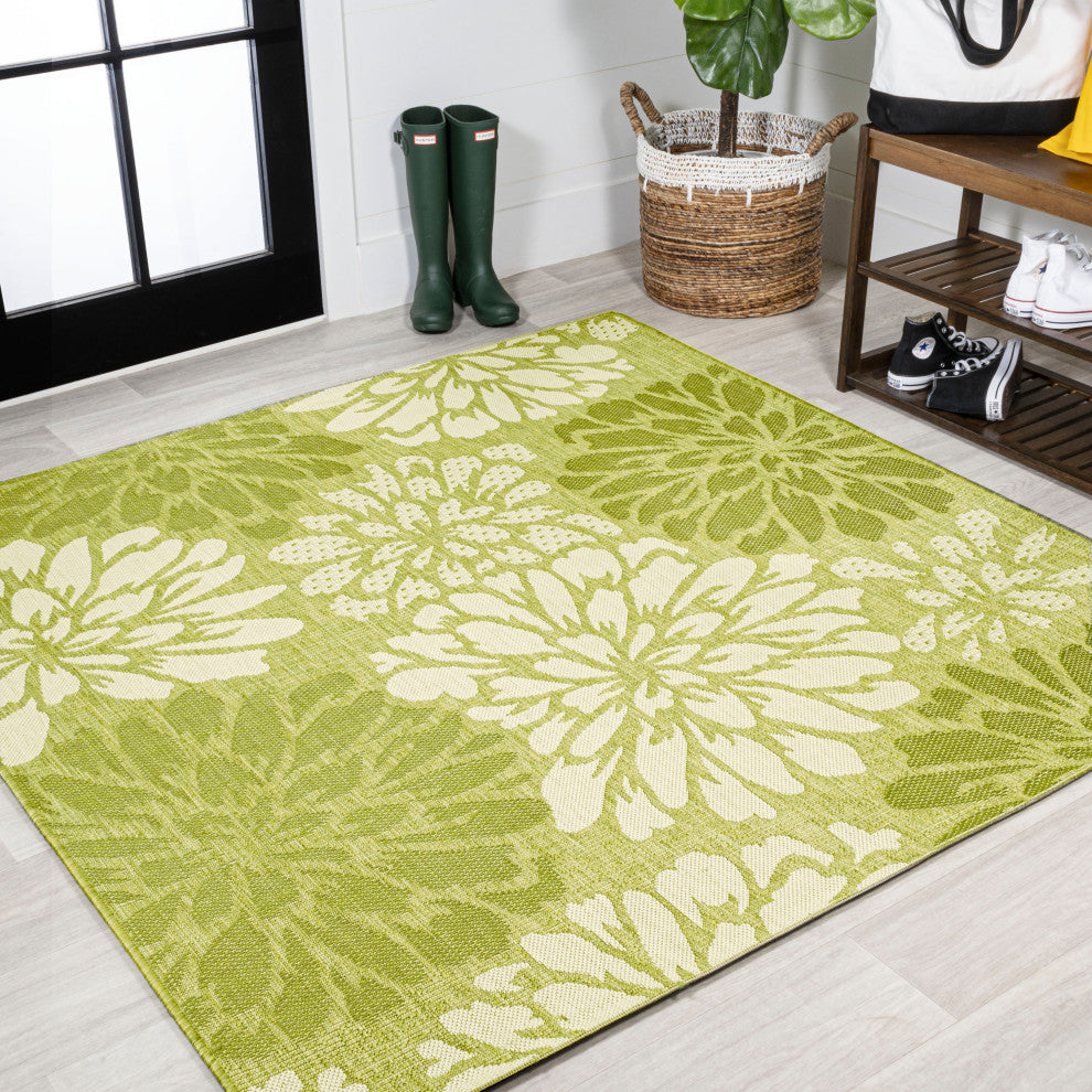 Zinnia Modern Floral Textured Weave Indoor/Outdoor, Green/Cream, 5' Square