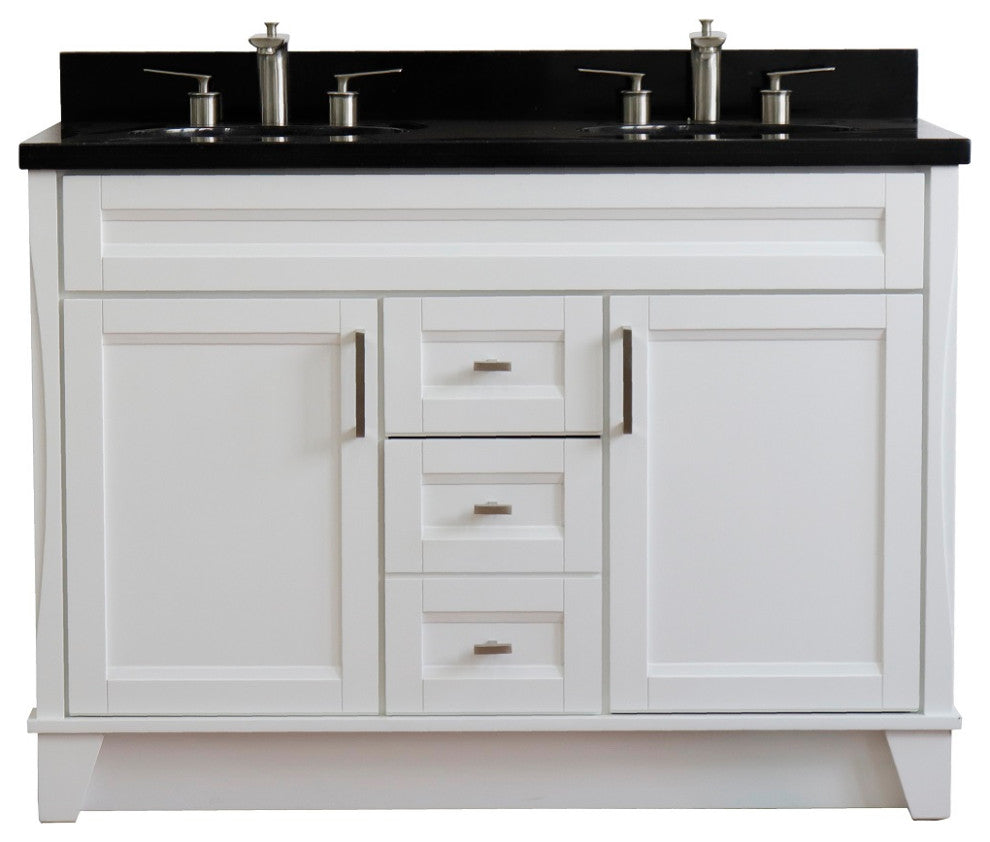 48" Double Sink Vanity, White Finish With Black Galaxy Granite And Oval Sink