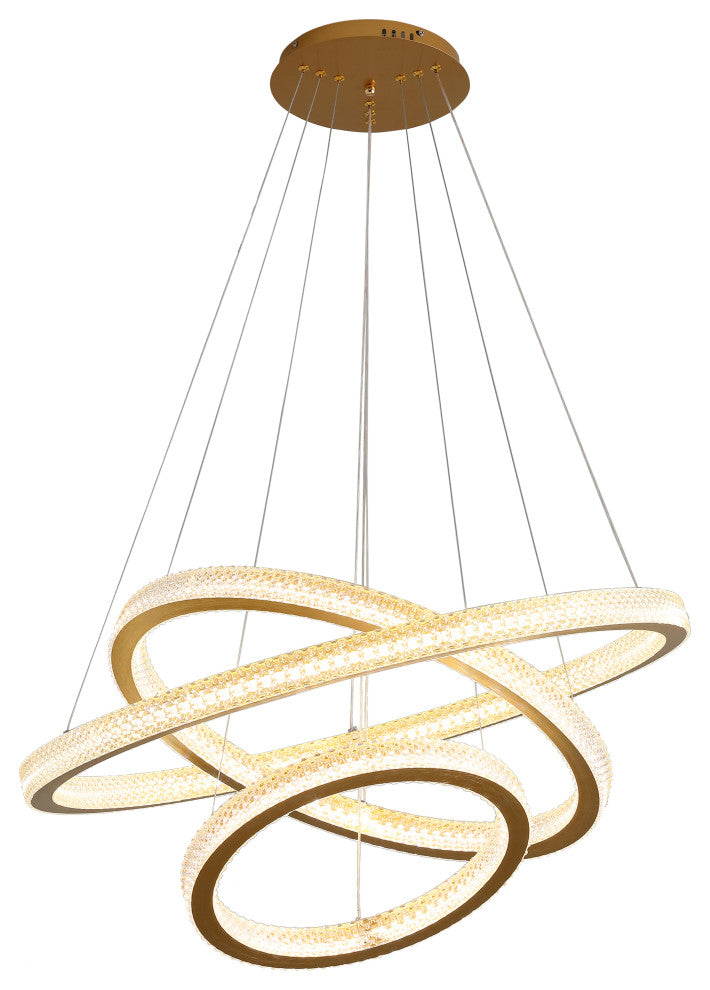 3 Ring LED Chandelier Modern Crystal Tiered Pendant Lights, Gold