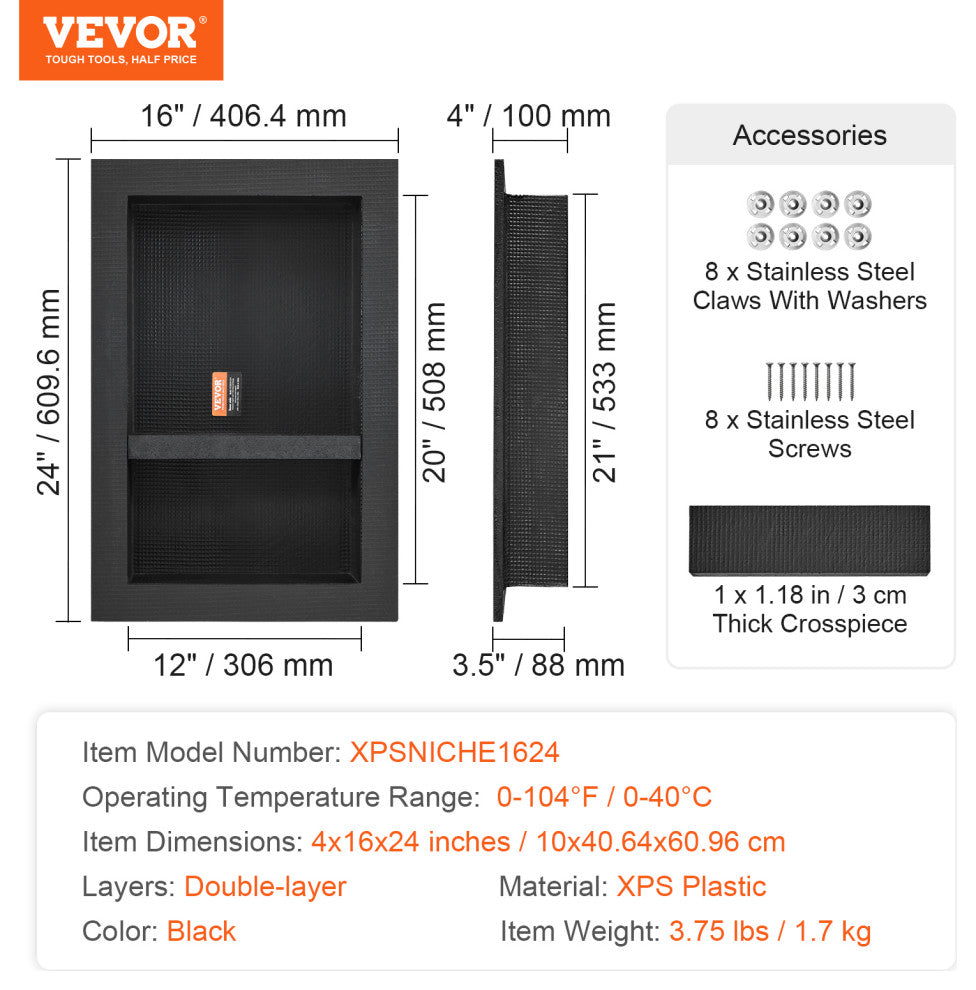 VEVOR Shower Niche 16x24x4" Double Shelf Wall-inserted for Shower Bathroom