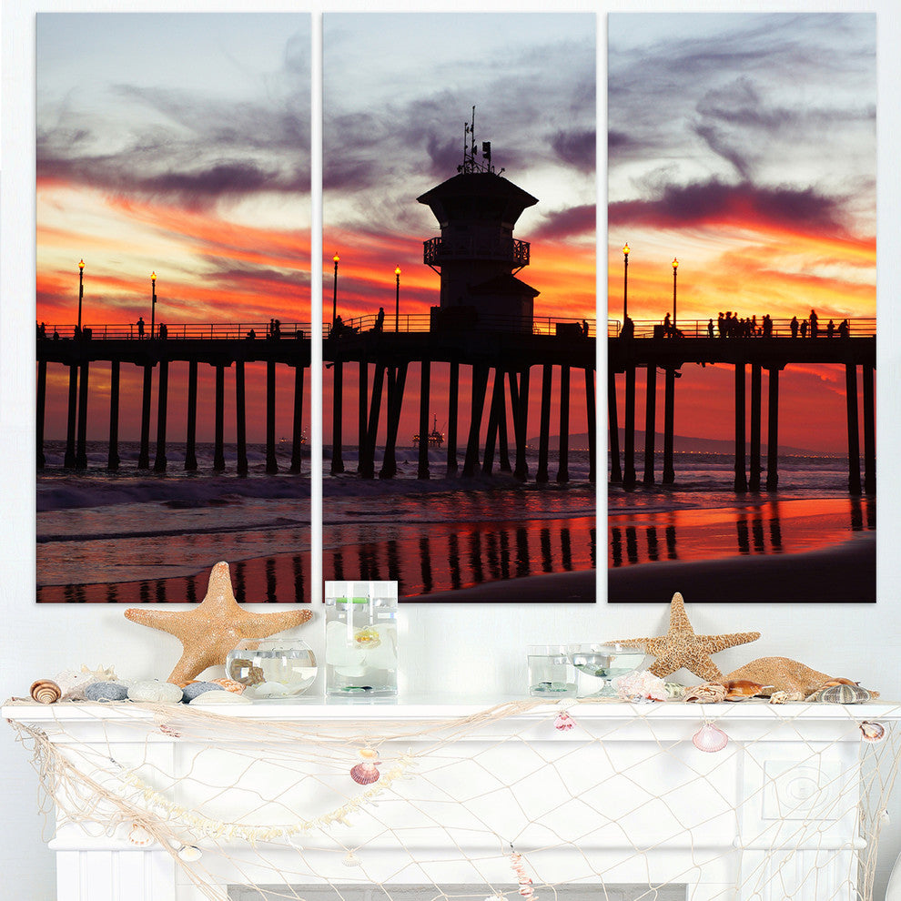 "Pier California at Sunset With Clouds" Metal Wall Art, 3 Panels, 36"x28"