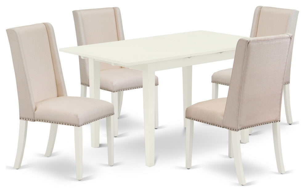 5Pc Kitchen Set, Upholstered Chairs, Butterfly Leaf Wood Table, Linen White