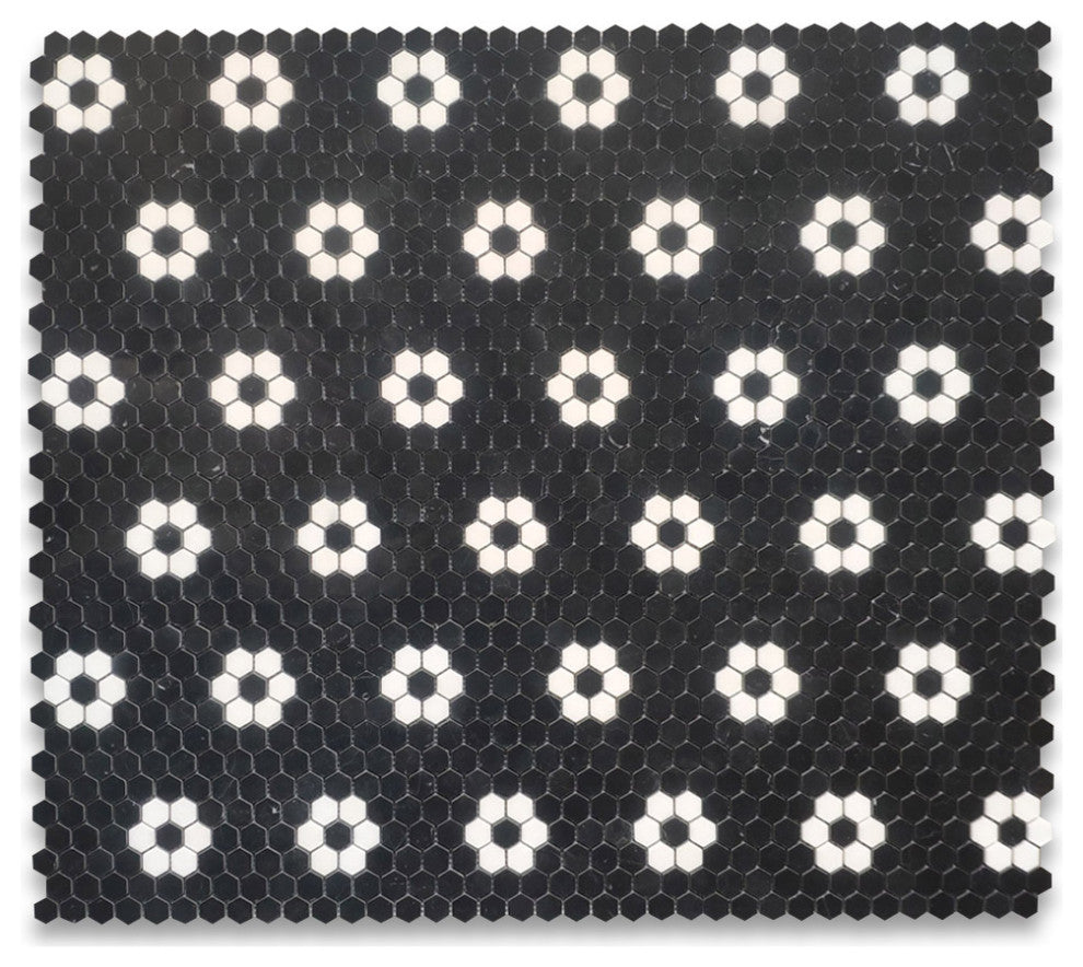 Nero Marquina & Thassos White Marble Rosette 1" Hexagon Tile Polished, 1 sheet