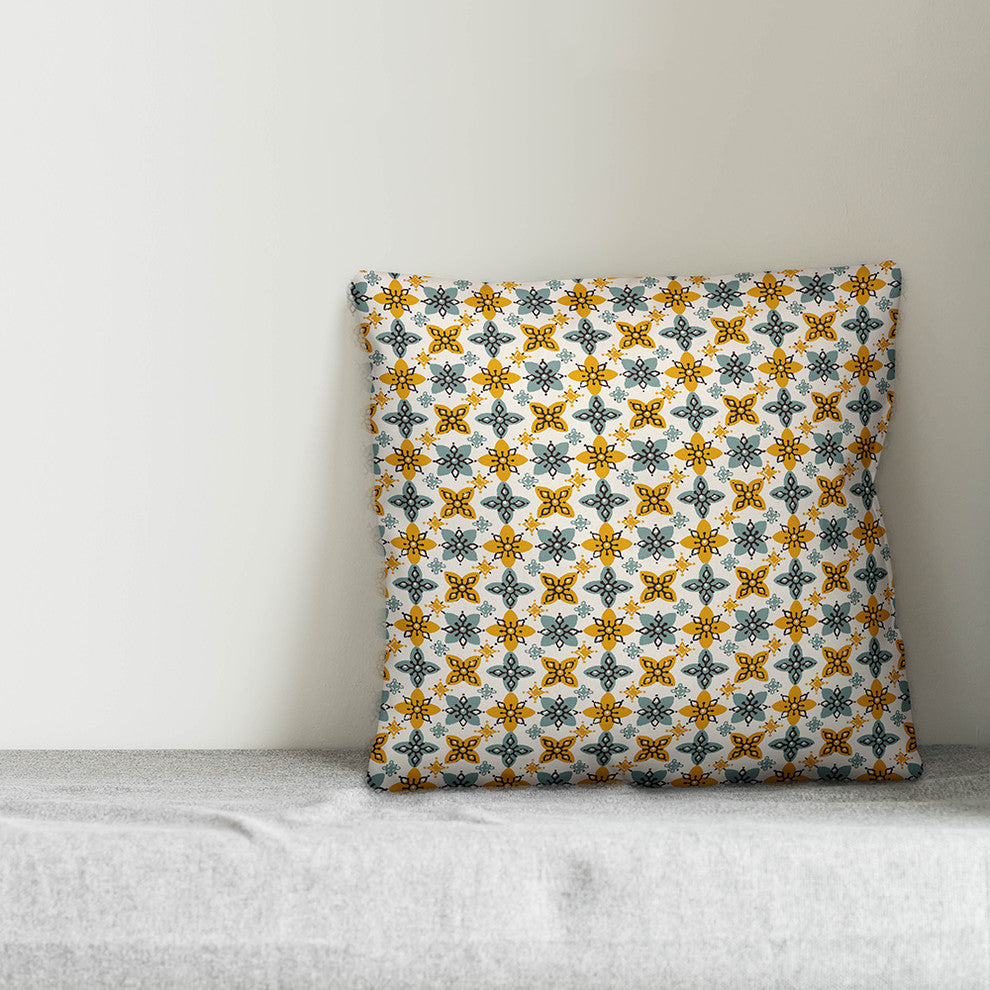 Folk Floral Battern, Yellow and Blue Throw Pillow Cover, 16"x16"