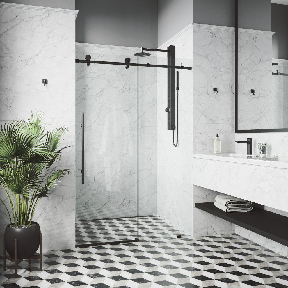 VIGO Elan E-Class 56" to 60" W x 76" H Frameless Sliding Shower Door, Matte Black, Clear Glass