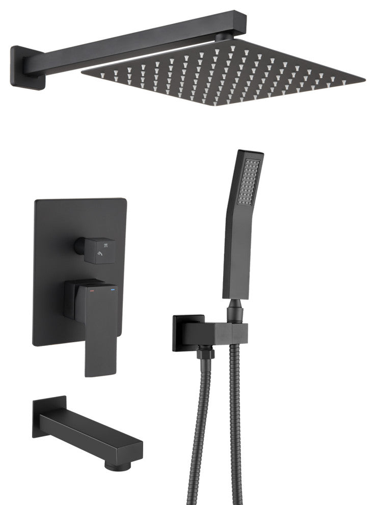 10" Wall Mounted Rainfall Shower System With Tub Spout, Matte Black