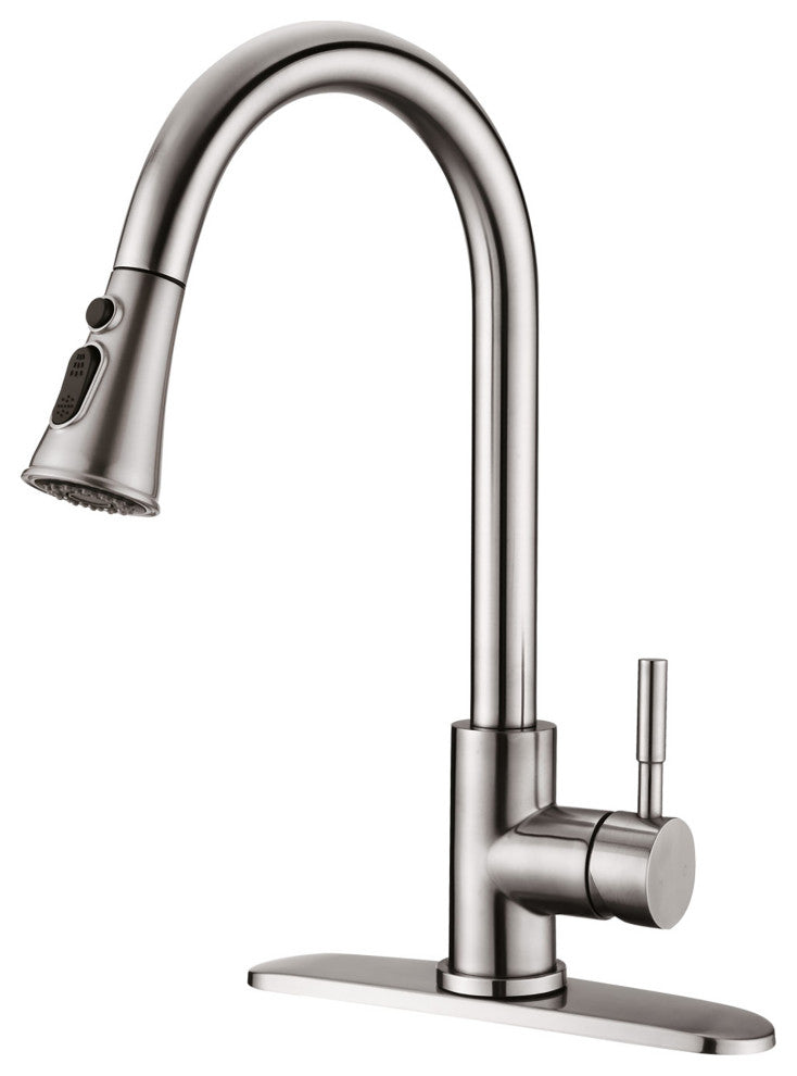 Single Handle Deck Mounted High Arc Pull Down Kitchen Faucet with Sprayer, Brush