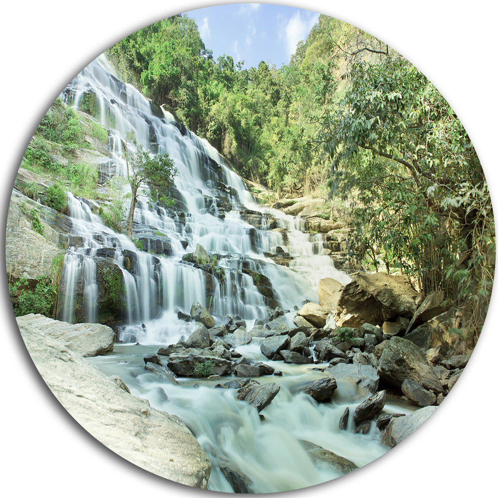 Maeyar Waterfall In Rain, Landscape Photo Round Metal Wall Art, 38"