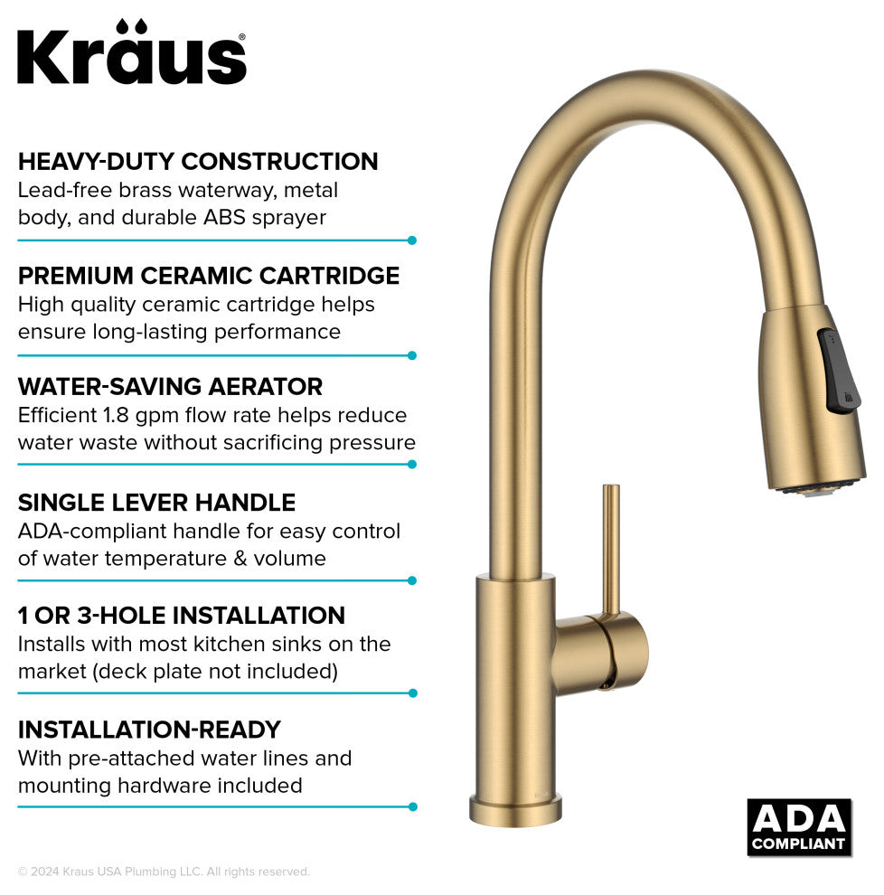 KRAUS Coda 2-Function 1-Handle Pull Down Kitchen Faucet Brushed Brass