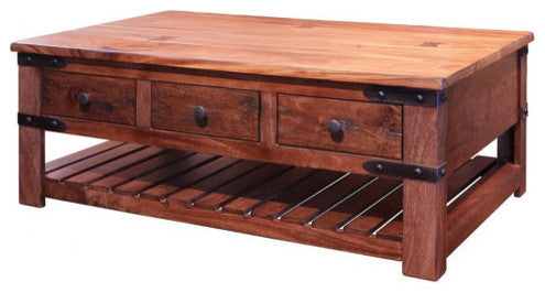 Granville Parota Rustic Solid Wood Coffee Tabe With 6 Drawers