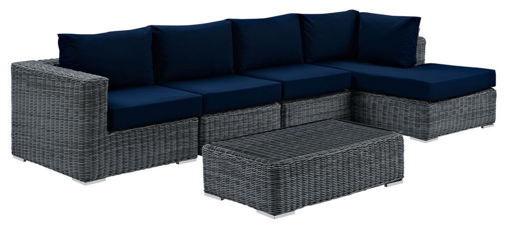 Modway Summon 5 Piece Outdoor Patio Sunbrella Sectional Set, Canvas Navy