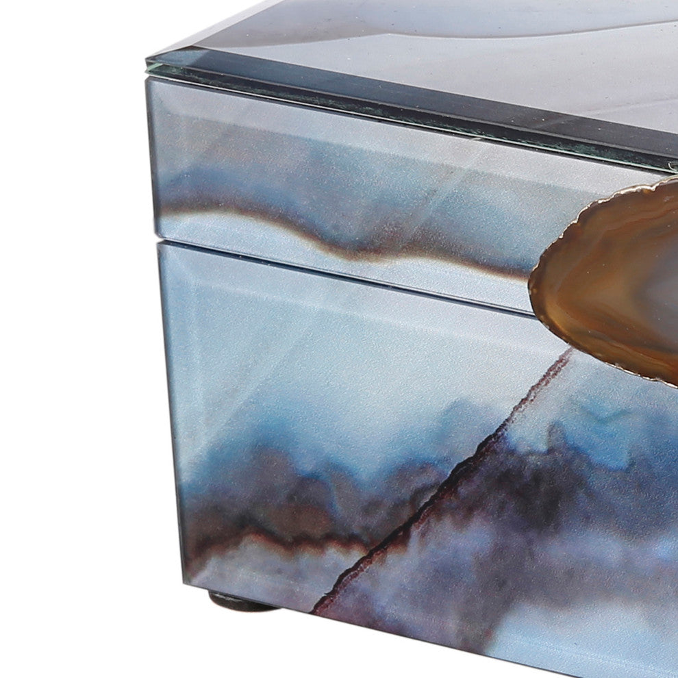 Benzara BM285522 8, 6" Jewelry Box, Blue Silver Marble Effect, Glass and Stone