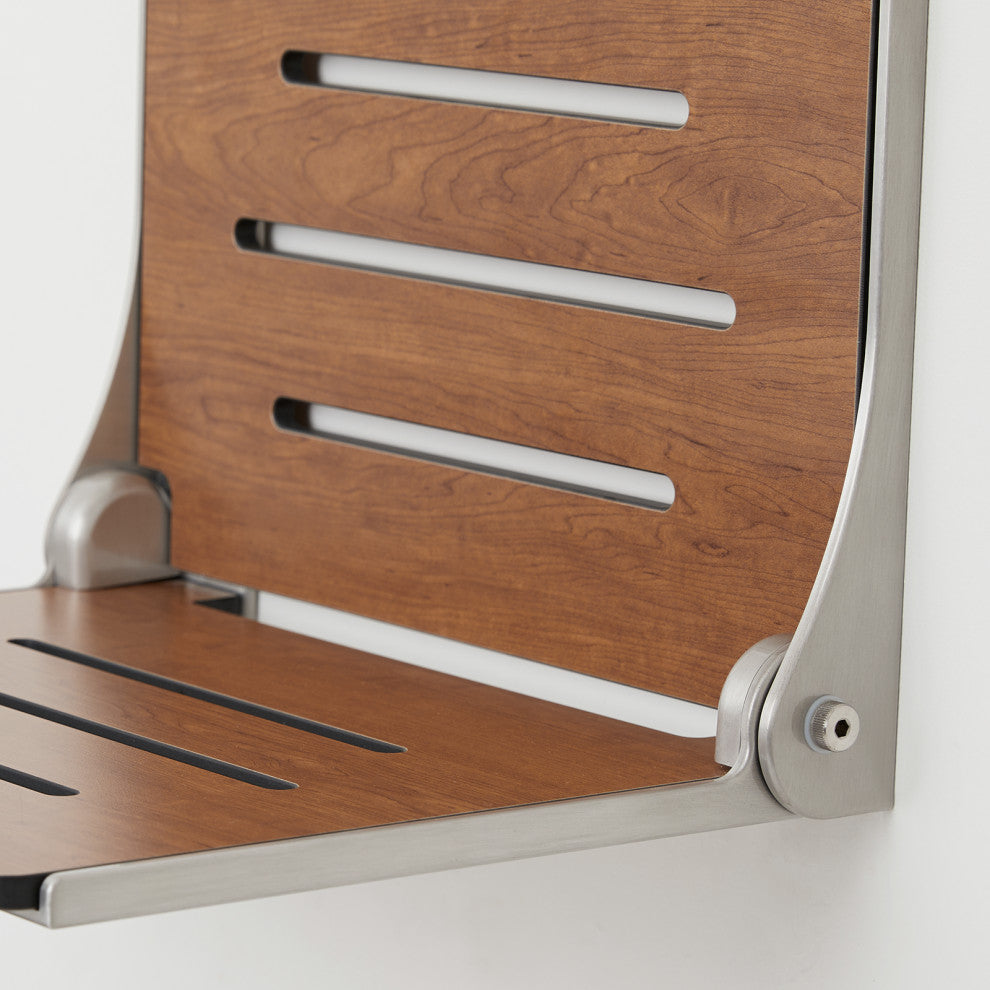 Silhouette Folding Wall Mount Shower Bench Seat, Rustic Teak, Silver Frame