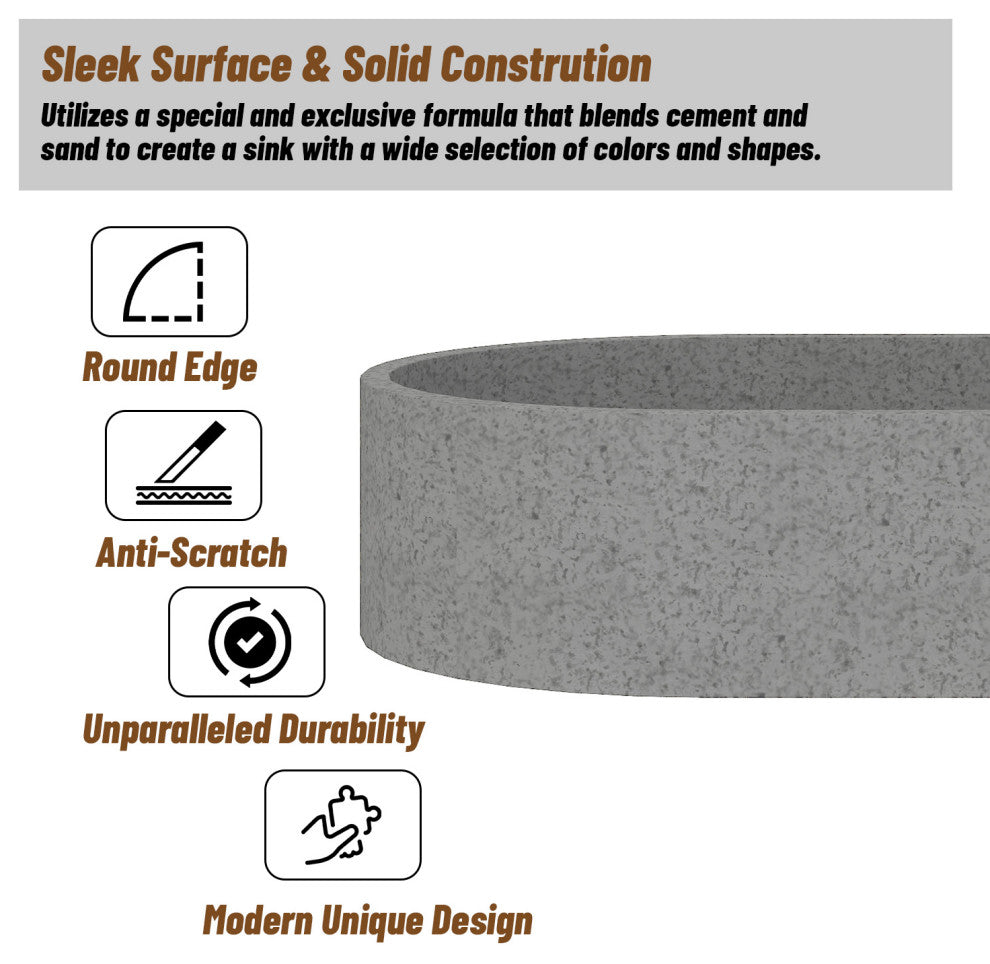 23in Bathroom Concrete Oval Vessel Sink with Drainer, Mottled Bluish Grey