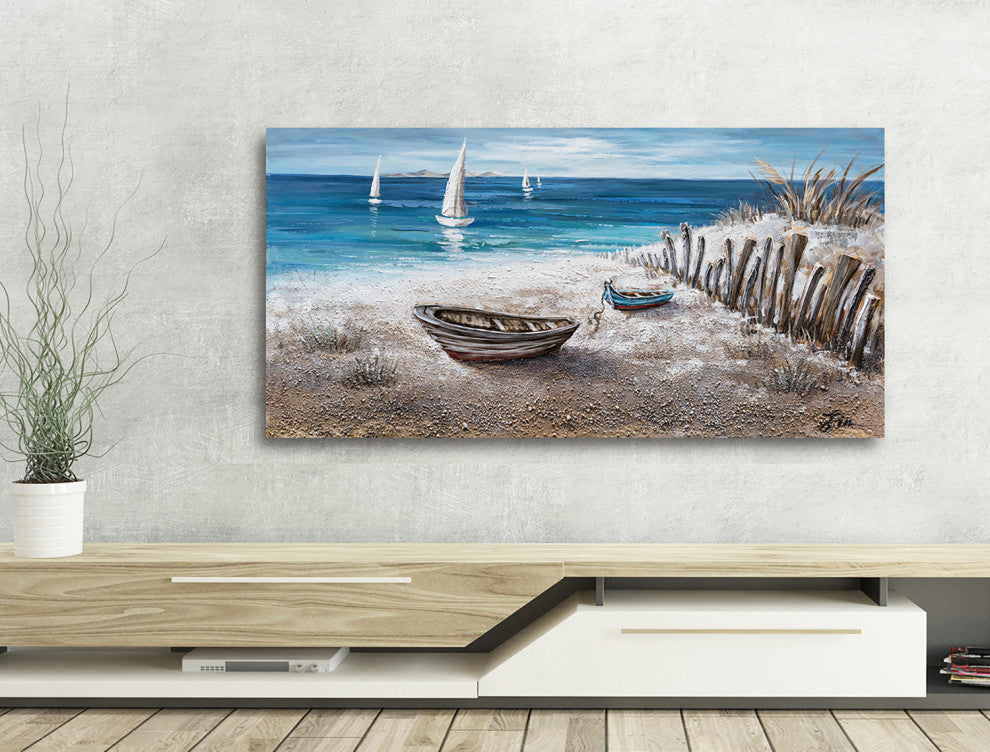 "Boats on the Sand" Hand Painted Canvas Art, 55"x27.5"