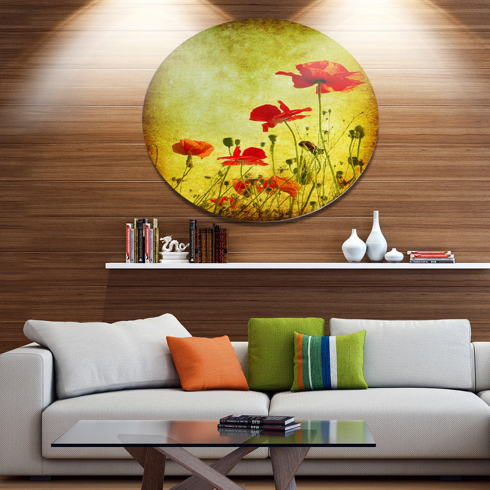 Poppy Flowers On Grunge Background, Floral Round Metal Wall Art, 23"