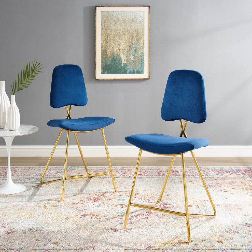 Counter Stool Chair, Set of 2, Velvet, Metal, Blue Navy, Modern, Bar Pub Bistro