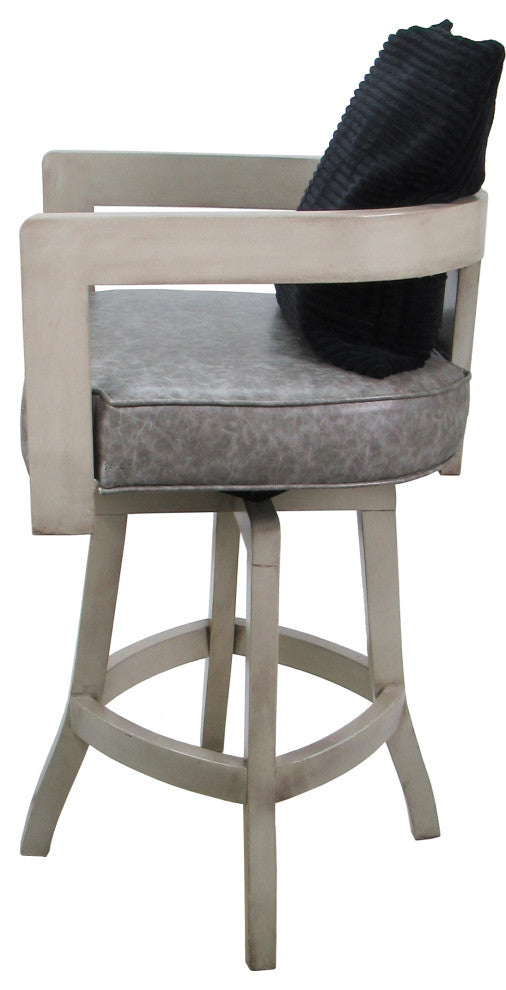 Swivel Wood Bar Stool Kadir Pillow on S-Base, Marble Gray Vinyl - Black Pillow - Beige, 34"