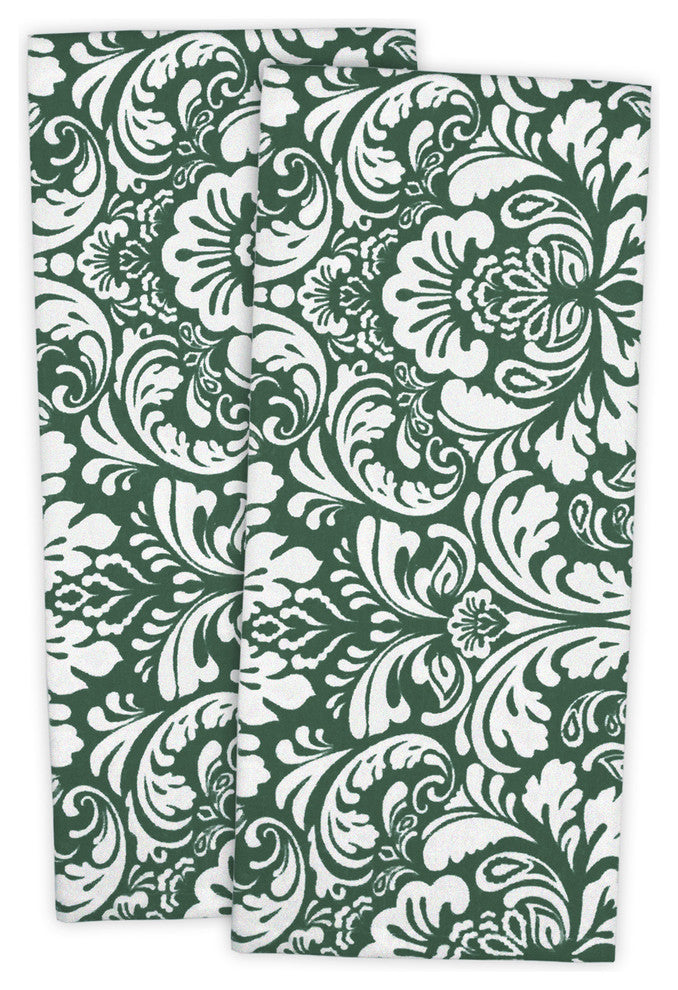 Damask Dishtowel, Set of 2 Dark, Dark Green