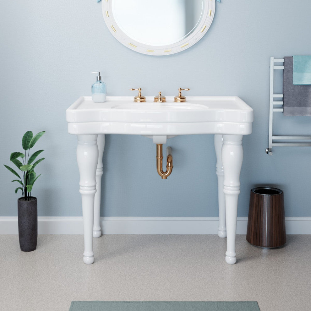 White Console Sink Belle Epoque with Spindle Legs and Widespread Faucet Holes