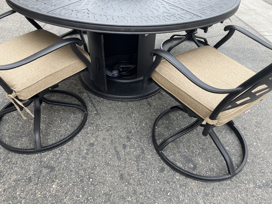 Outdoor conversation set with fire pit grill table and 6 swivel rockers.