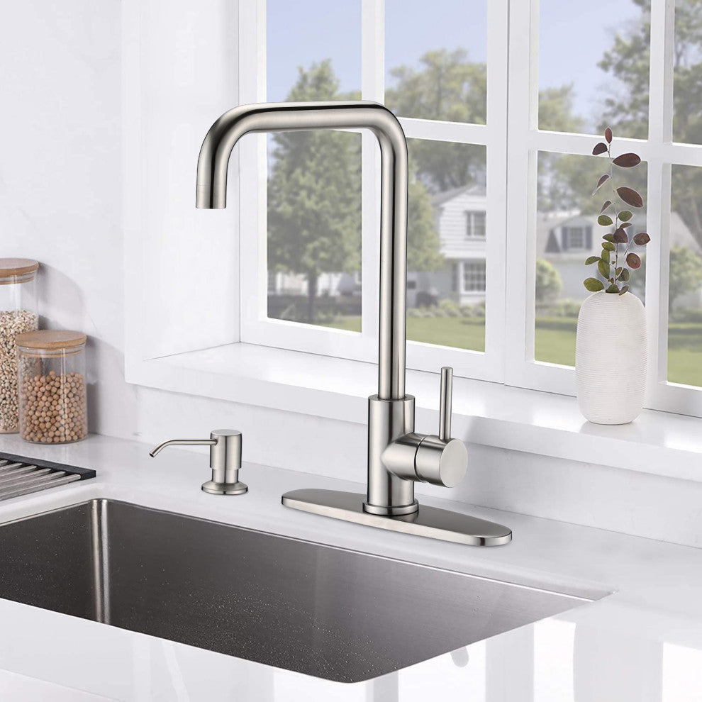 Single Handle Deck Mounted High Arc Kitchen Faucet with Soap Dispenser
