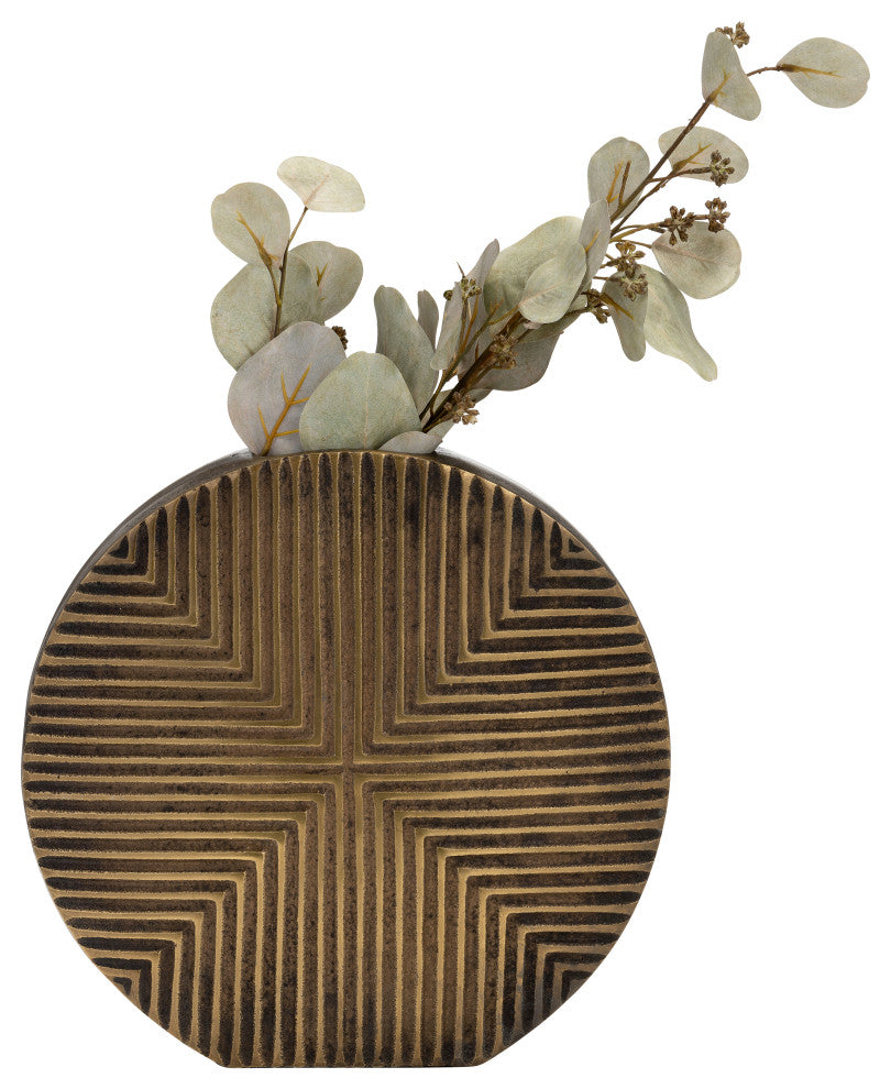 Metal, 13"H Round Ribbed Vase, Brass Antique