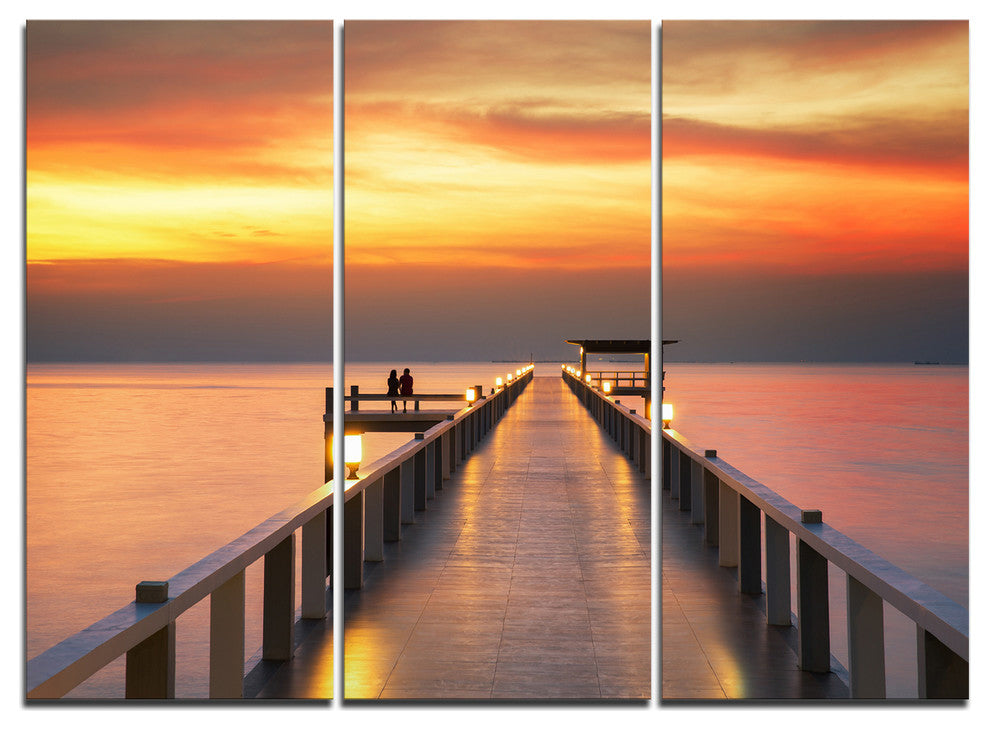 "Yellowish Sky and Long Wooden Bridge" Metal Wall Art, 3 Panels, 36"x28"