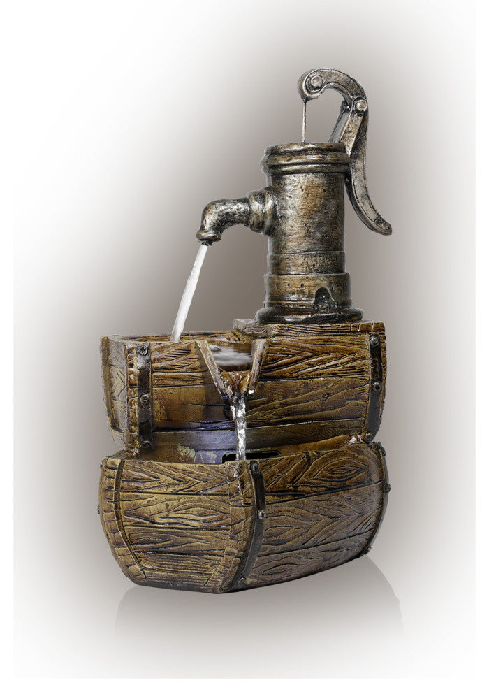 Alpine 2-Tier Water Pump Barrel Fountain With LED Light, 14" Tall