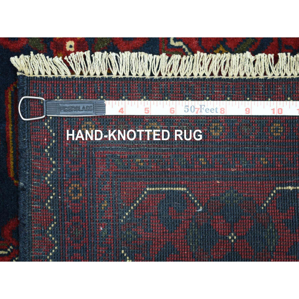 Red Geometric Design Hand Knotted Afghan Khamyab Runner Orientel Rug, 3'x9'10"