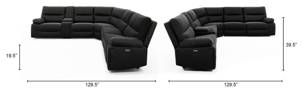 Malibu 130" Top Grain Leather 6-Piece Power Reclining Sectional, Coal Black