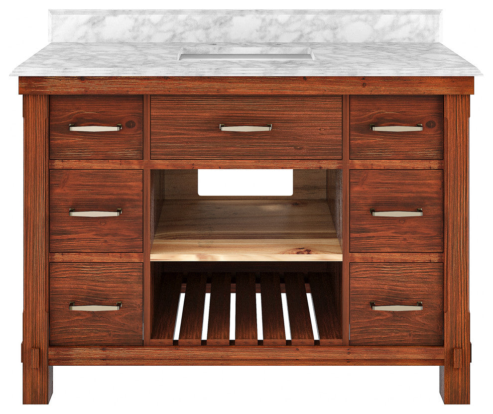 Freestanding Bath Vanity in Brown with White Carrara Marble Top, 48in