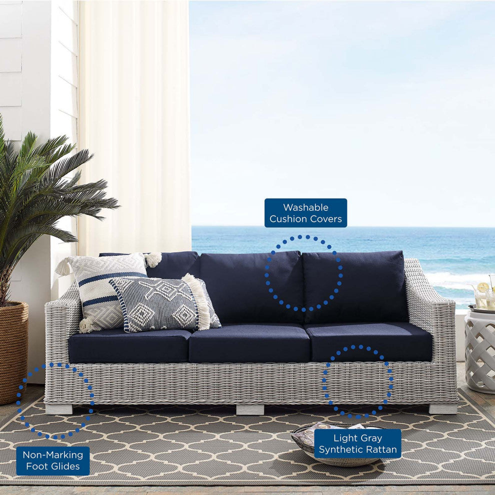 Lounge Sofa, Sunbrella, Rattan, Wicker, Gray Blue Navy, Modern, Outdoor
