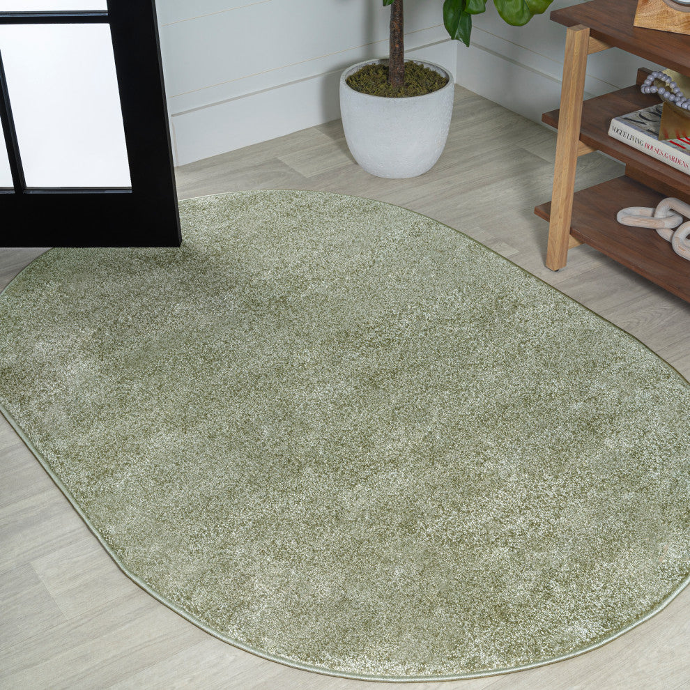 Haze Solid Low-Pile Runner Rug, Green, 3 X 5 Oval