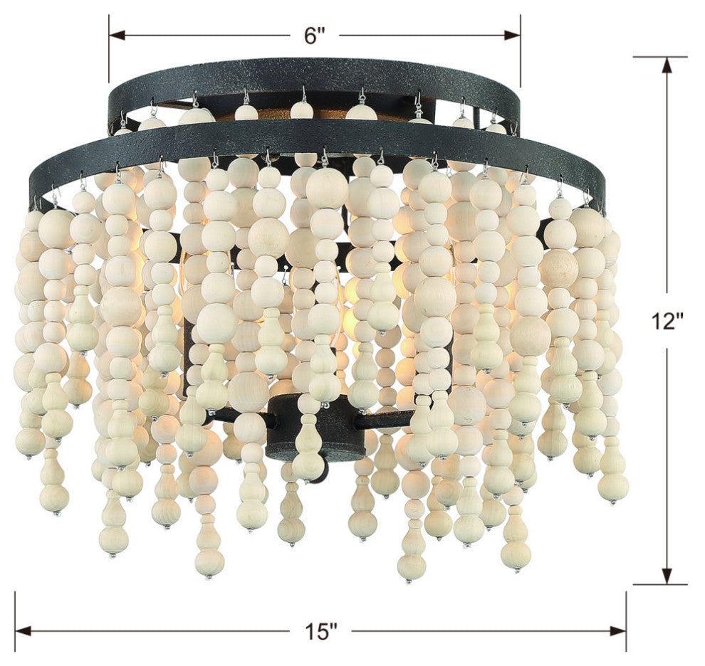 Poppy 3 Light Ceiling Mount in Forged Bronze with Natural Wood Beads