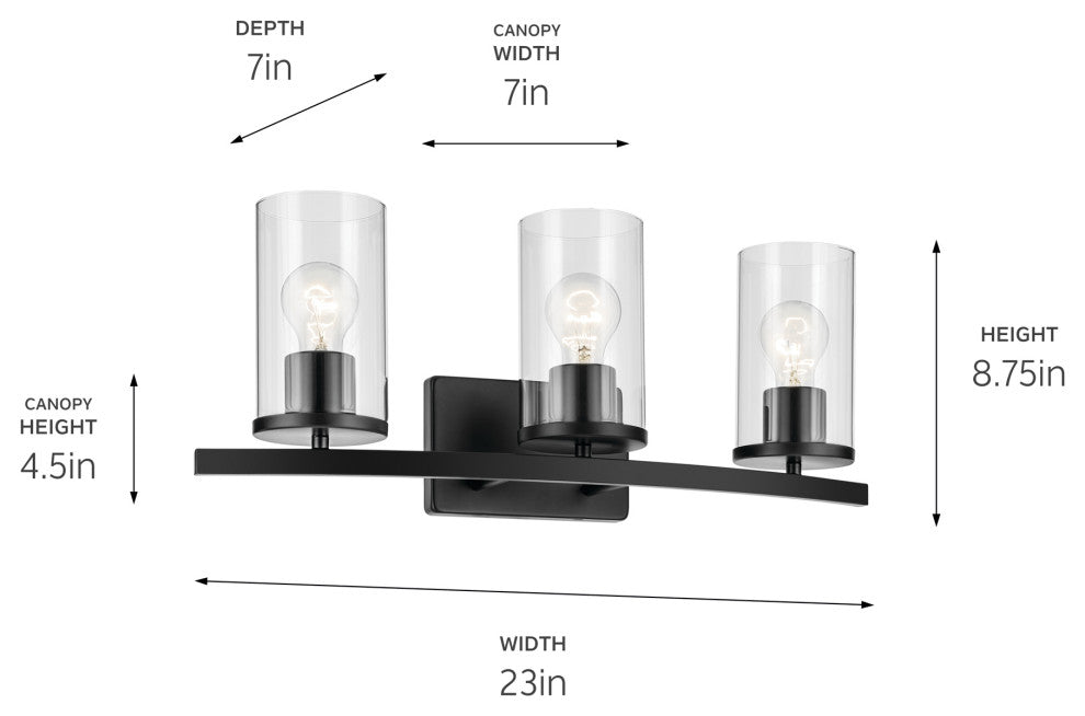 Crosby 23" 3-Light Vanity Light With Clear Glass, Black
