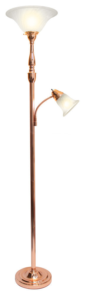 2 Light Mother Daughter Floor Lamp With White Marble Glass, Rose Gold