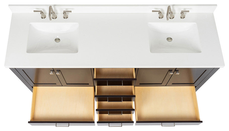 ARIEL Cambridge 73" Double Rectangle Sink Espresso Vanity Quartz Top, No Mirror