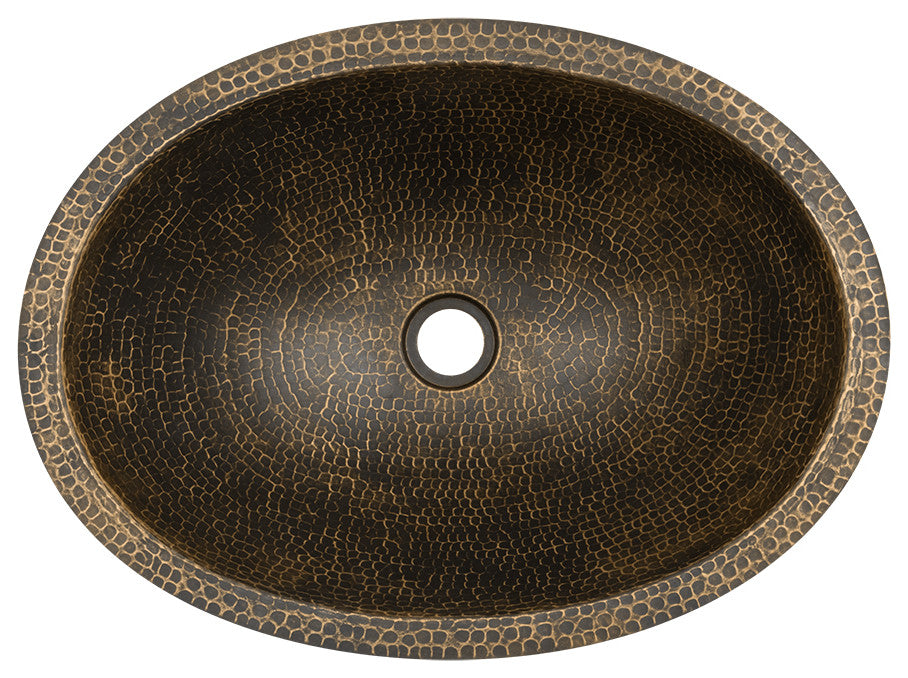 19" Oval Under Counter Hammered Copper Bathroom Sink, Antique Brass