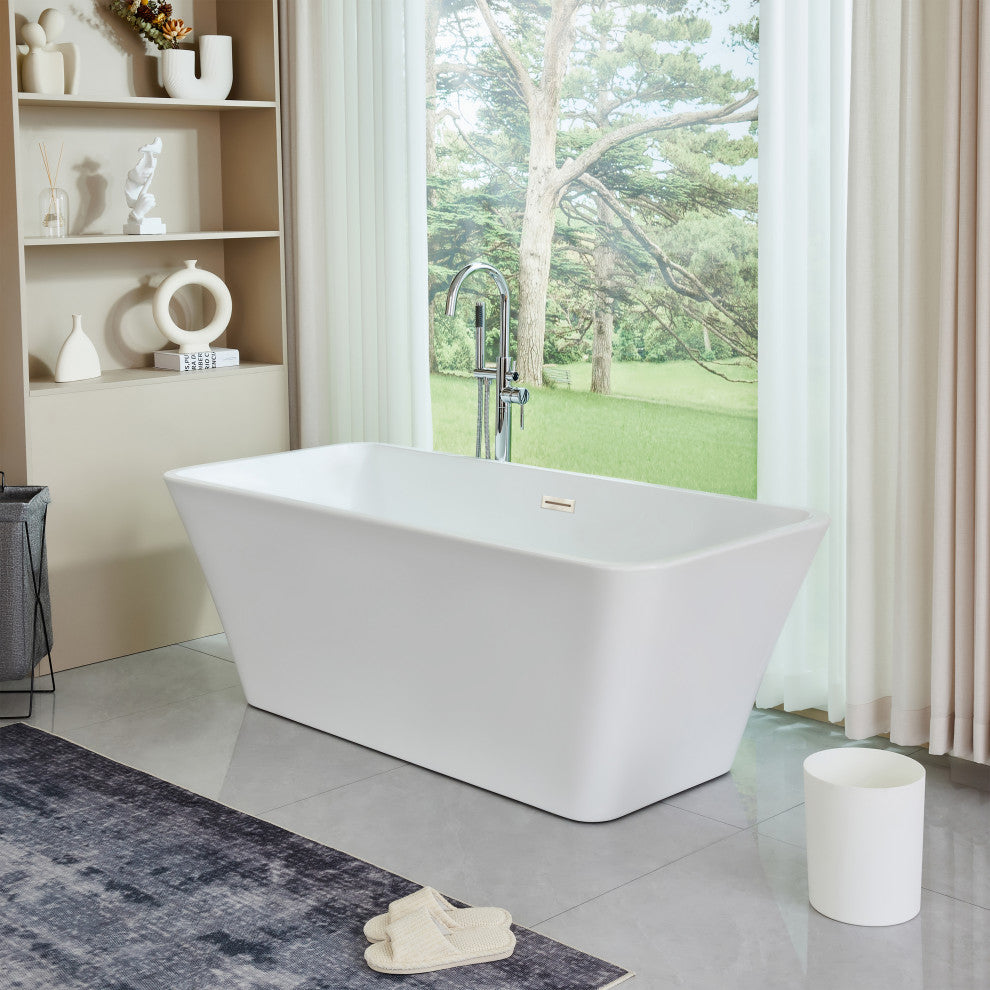 67" Acrylic Freestanding Soaking Bathtub, White/Brushed Nickel