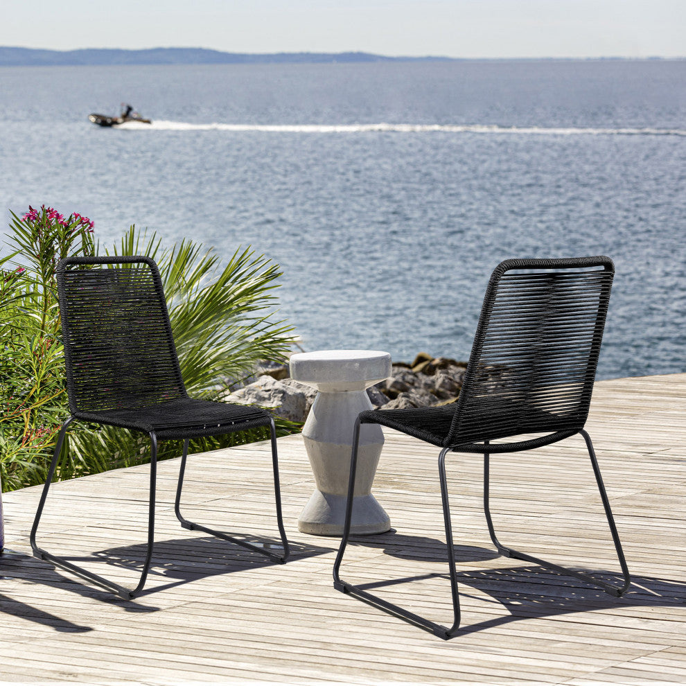 Shasta Outdoor Metal and Black Rope Stackable Dining Chair - Set of 2, Black Rope