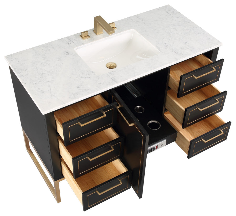 Markham 48" Bathroom Vanity, Midnight Black/Satin Brass, 48", Marble Countertop