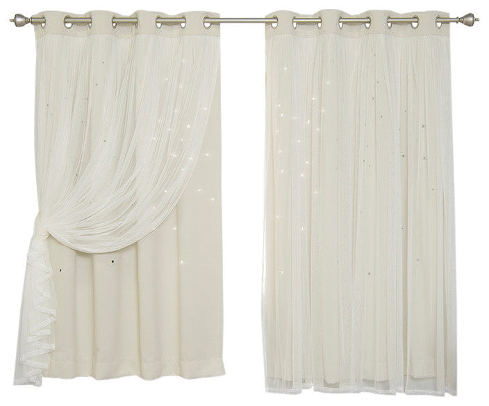 Tulle Overlay Star Cut Out Blackout Curtains, Biscuit, 52" W X 63" L