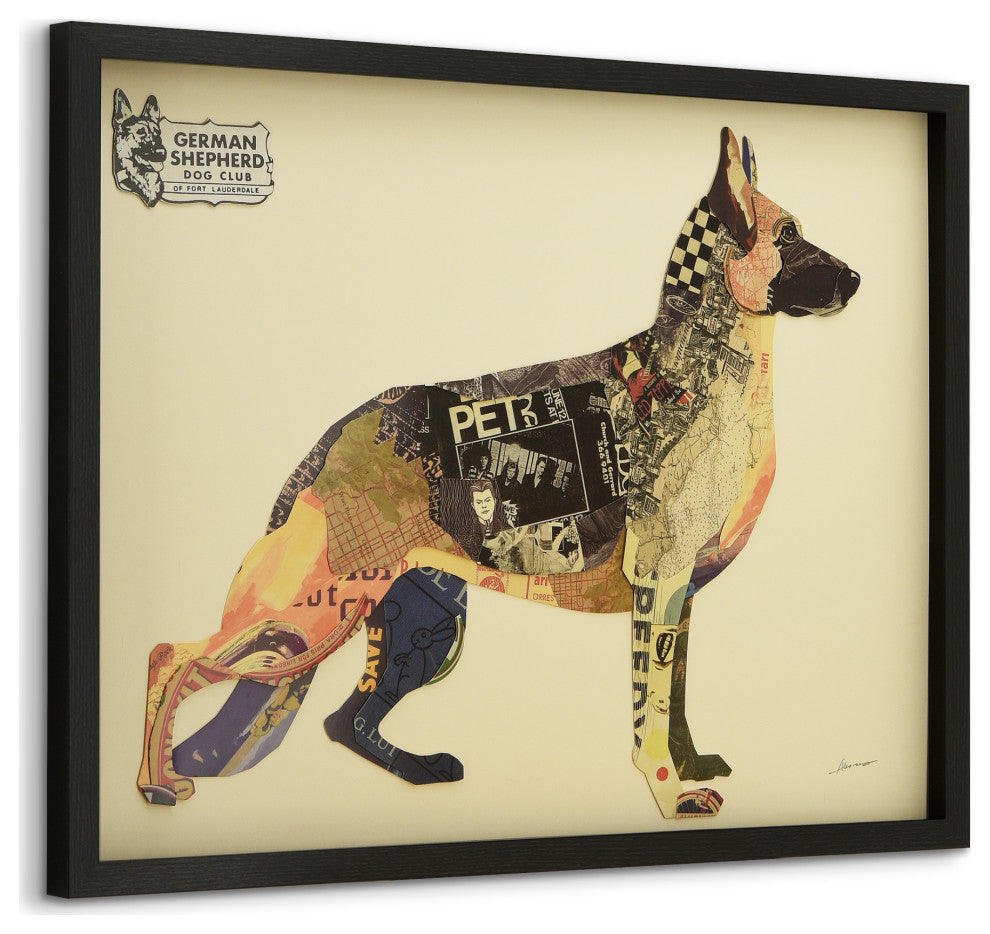 German Shepherd Dog Dimensional Handmade Collage Wall Art Framed Under Glass