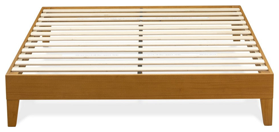 Queen Size Platform Bed Frame With 4 Hardwood Legs And 2 Extra Center Legs Oak