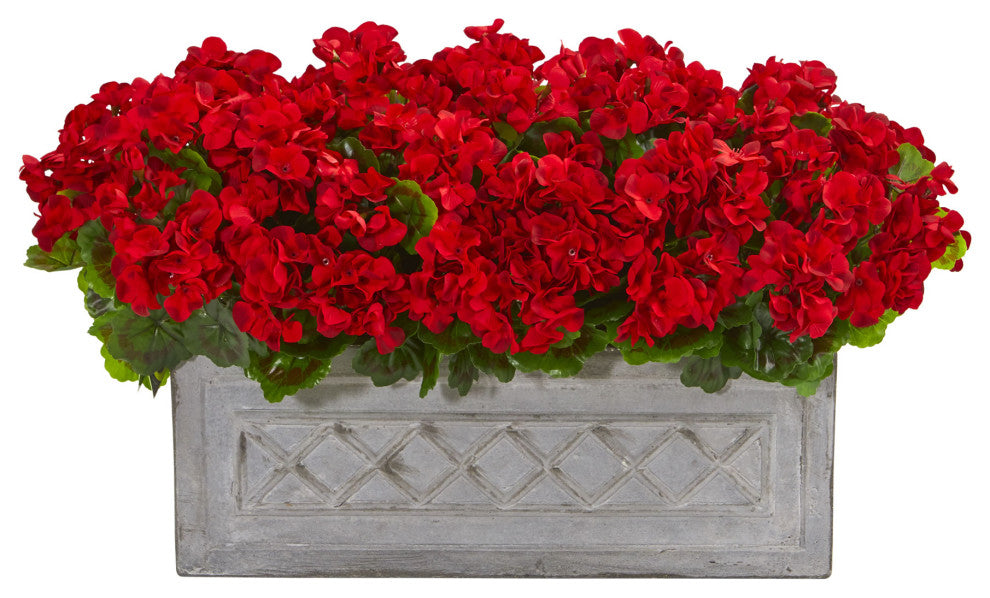 18" Geranium Artificial Plant, Stone Planter, Indoor/Outdoor, Red