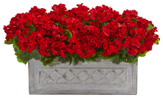 18" Geranium Artificial Plant, Stone Planter, Indoor/Outdoor, Red