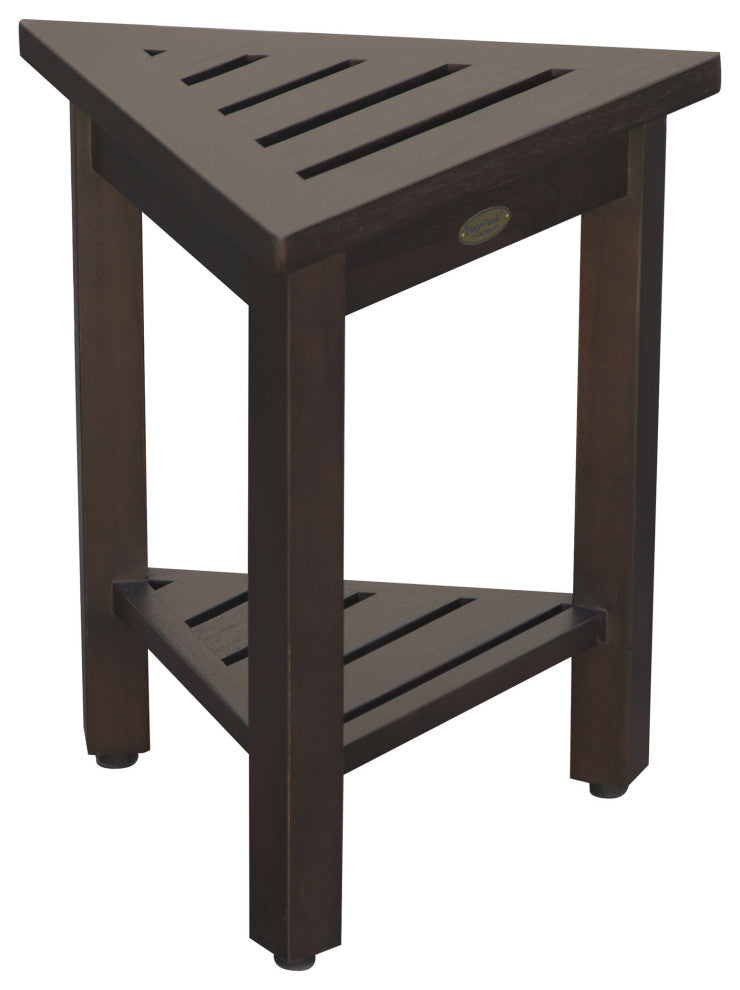 HomeRoots 18" Teak Corner Shower Stool or Bench With Shelf, Brown Finish