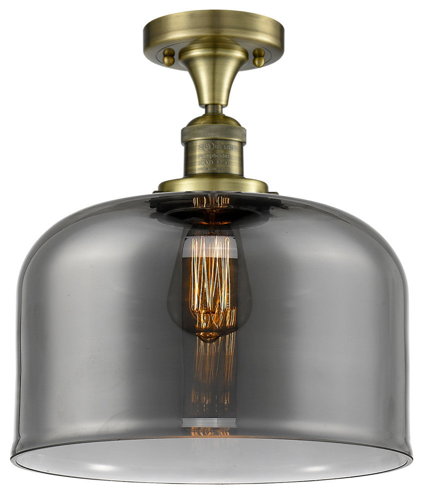 X-Large Bell 1-Light Semi-Flush Mount, Antique Brass, Plated Smoke