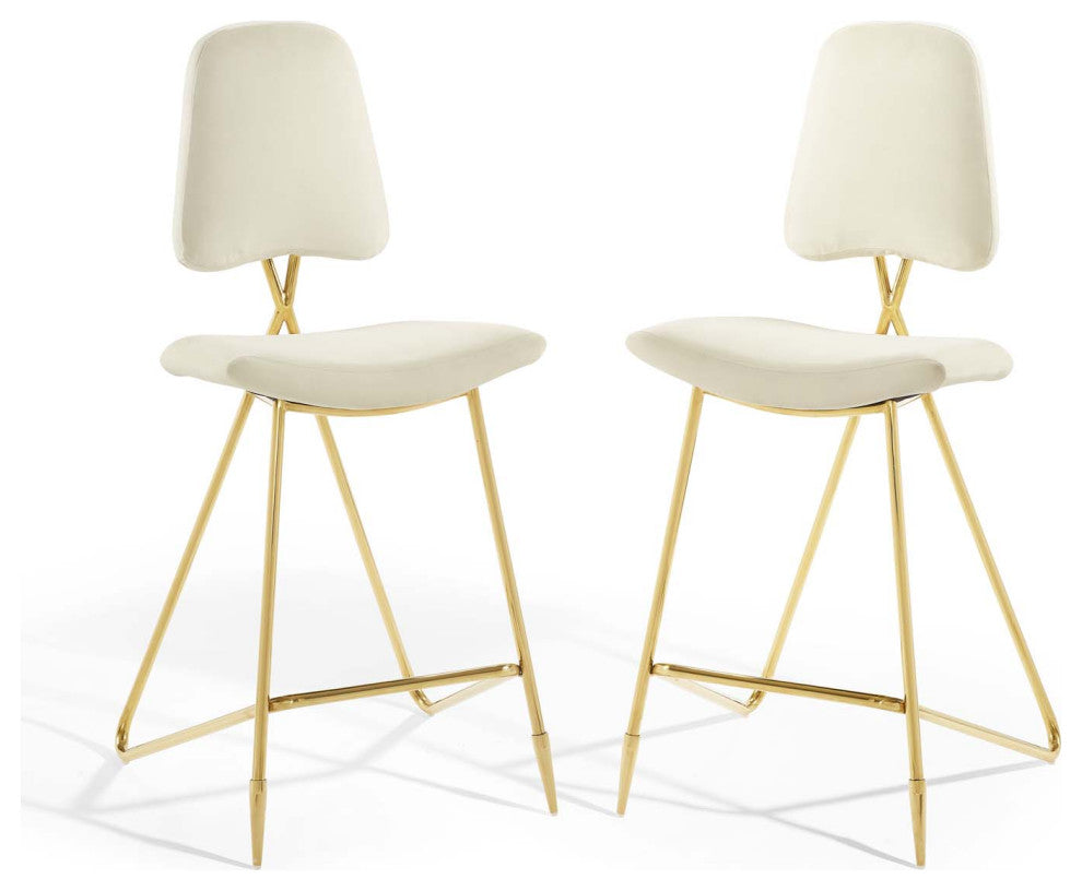 Bar Stool Chair Barstool, Set of 2, Velvet, Metal, Ivory White, Modern, Bar Pub